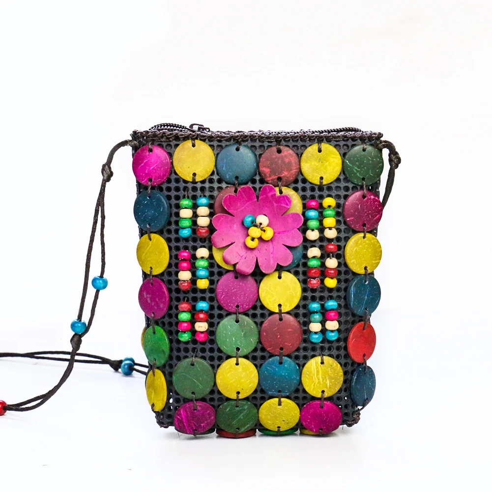 Coconut Shell Bag Female Shoulder Backpack Mobile Phone Change Jewelry Bag Bohemian Beaded Bag Decoration Crafts Storage Bag