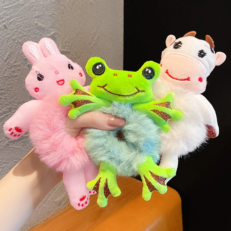 Women Girl\'s Hair Tie for Kids Elastic Hair Rubber Child Head Accessories Cartoon Plush Frog Rabbit Cat Stuffed Animal Scrunchie