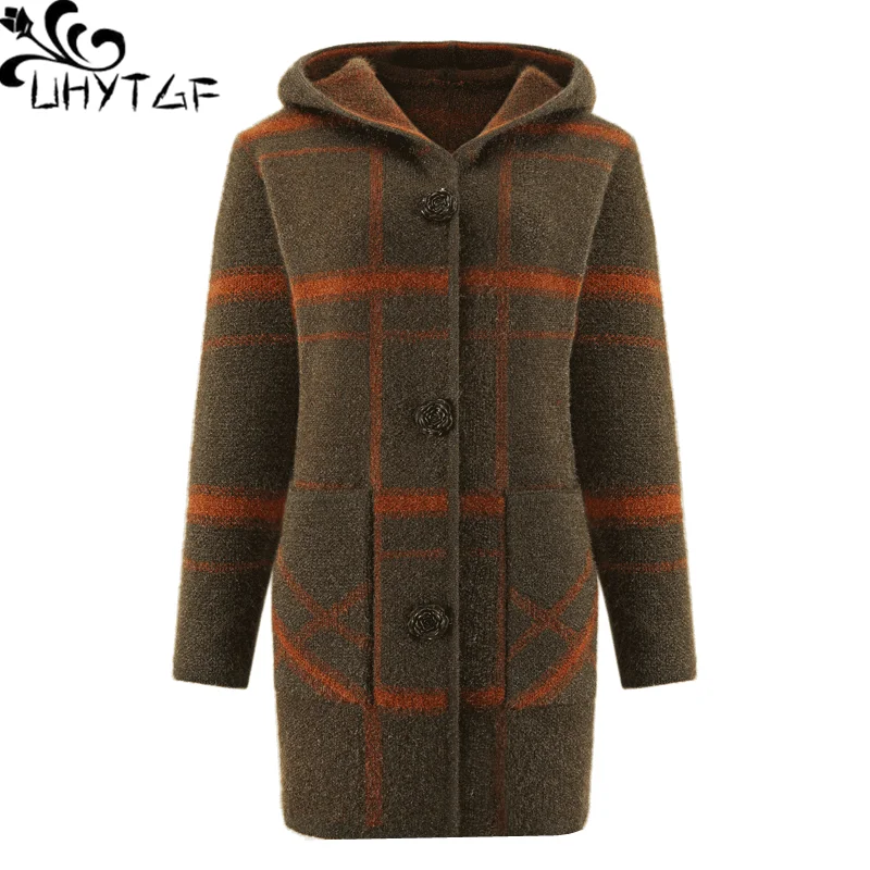 

UHYTGF Autumn Winter Sweater Female Hippocampus Knitted Cardigan Women Hooded Casual Thick Warm Sweater Jacket 4XL Big Size 742