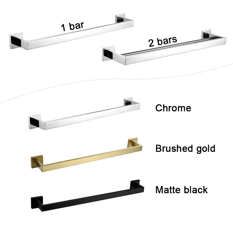 Bathroom Black Wall Mounted Towel Rack Stainless Steel Bars Simple Square Design Towel Holder