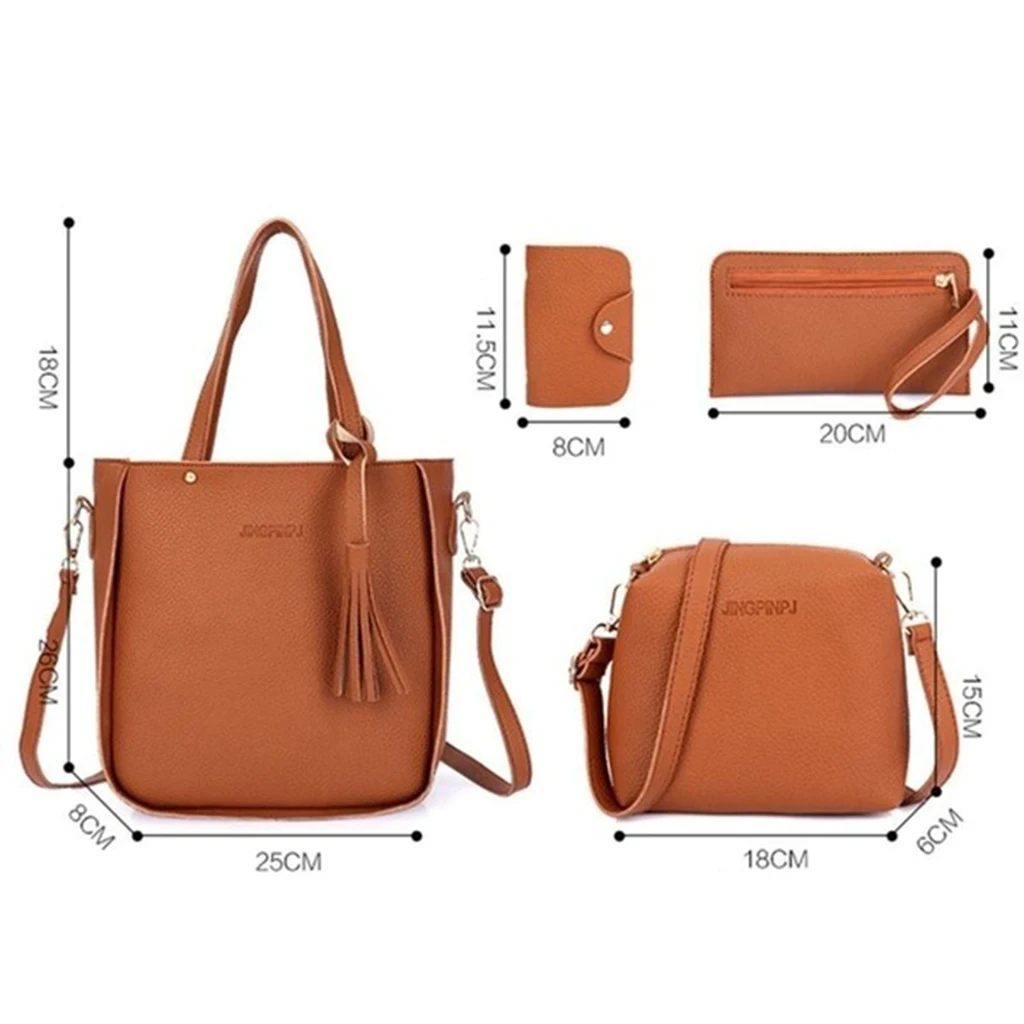 4pcs/Set PU Leather Handbag Fringe Shoulder Bags Purse Set Tote Bag Crossbody Bag Wallet Purse Messenger Satchel for Women