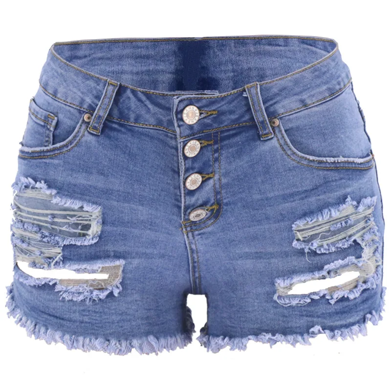 2021 New Summer Women Vintage Button Fly Denim High Waist Wash Hole Rolled Hem Jeans Shorts