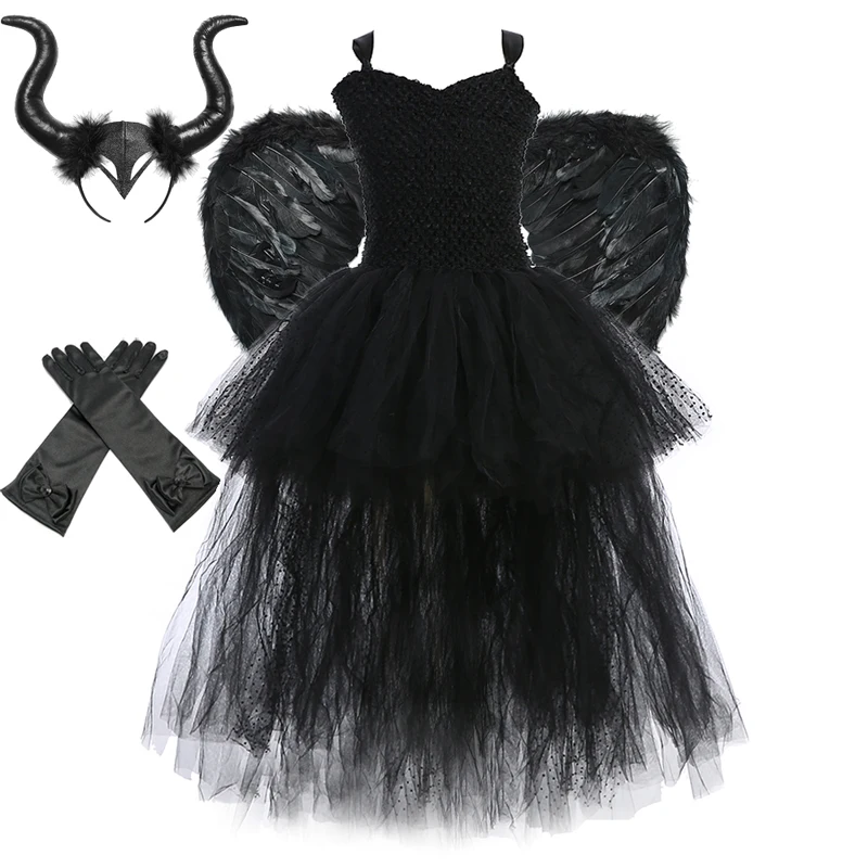 Black Angel Wings Tutu Dress for Girls Devil Halloween Costume for Kids Girl High Low Fancy Dresses Party Children Outfit V-neck