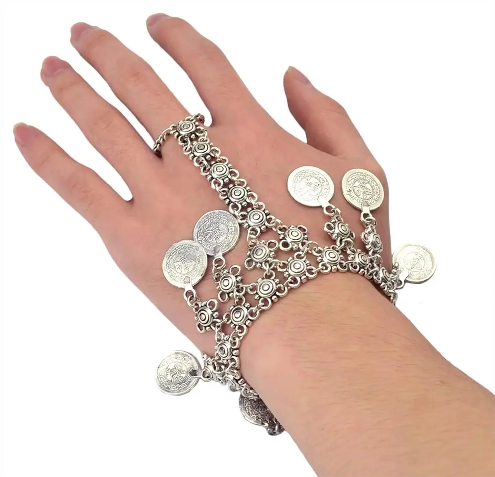 الغجر القبلية العرقية الأفغانية عملة شرابة سوار Charm للنساء الرجال الرجعية إصبع سحب أساور تركيا باكستان الهندي مجوهرات
