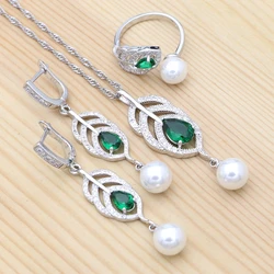 925 Silver Jewelry Sets Natural Green Cubic Zirconia White Pearl For Women Drop Earrings/Ring/Pendant/Necklace Set