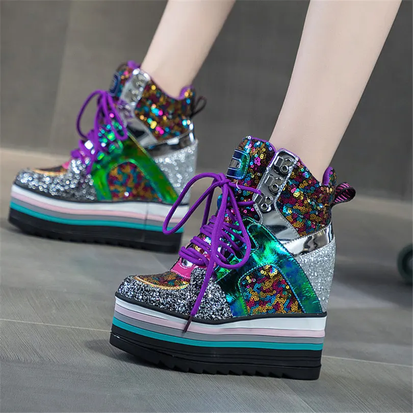 Fashion Sneakers Women Lace Up Genuine Leather Wedges High Heel Ankle Boots Female Shiny Glitter Round Toe Platform Creepers