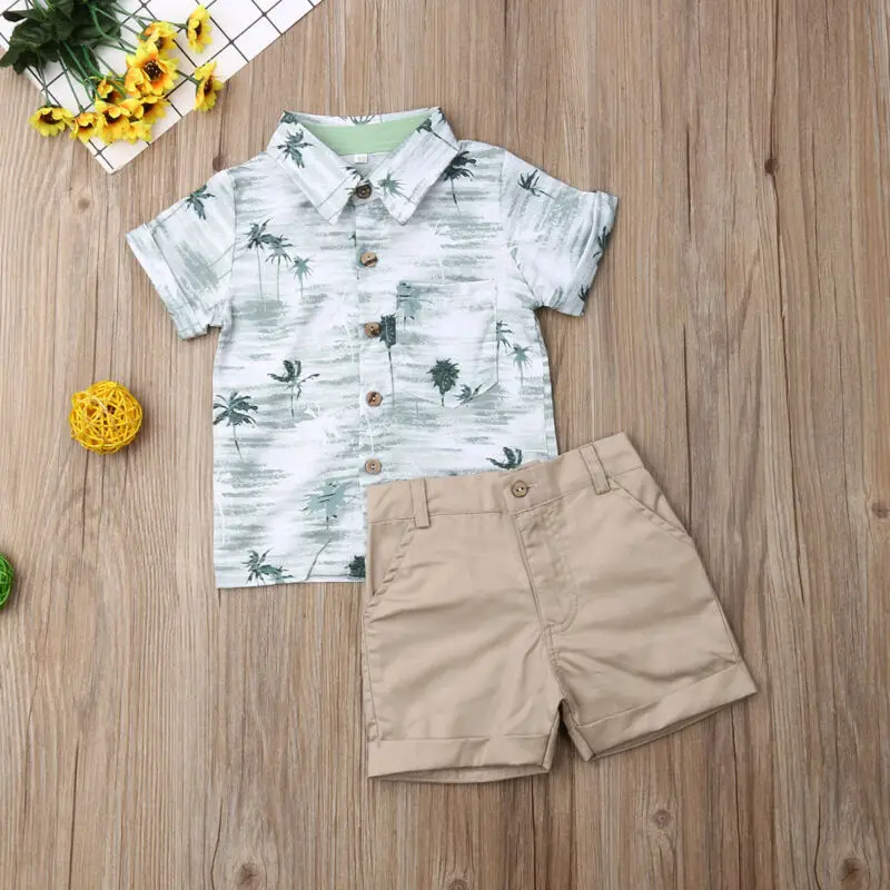 Baby Boy's Summer Holidays Outfit Sets Short Sleeve Coconut Tree Printed Button Down Shirt Pocket Button Shorts Beach Clothes