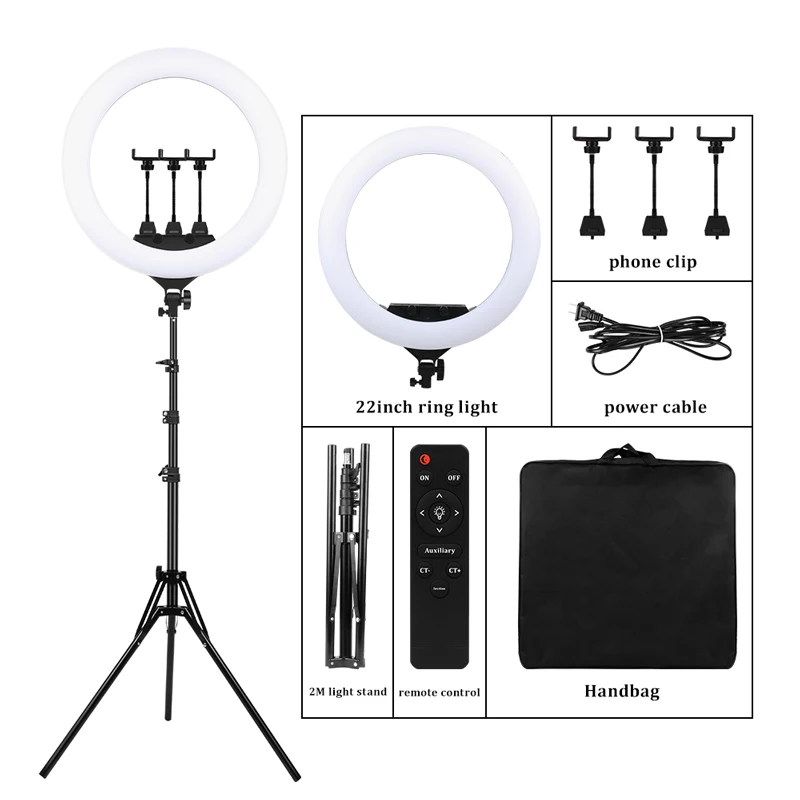 22 "LED-lichtringen 3200-6500K Kleurtemperatuur 0-100% helderheid met 2M voedingskabel Lamp voor make-up / fotostudio-opnamen