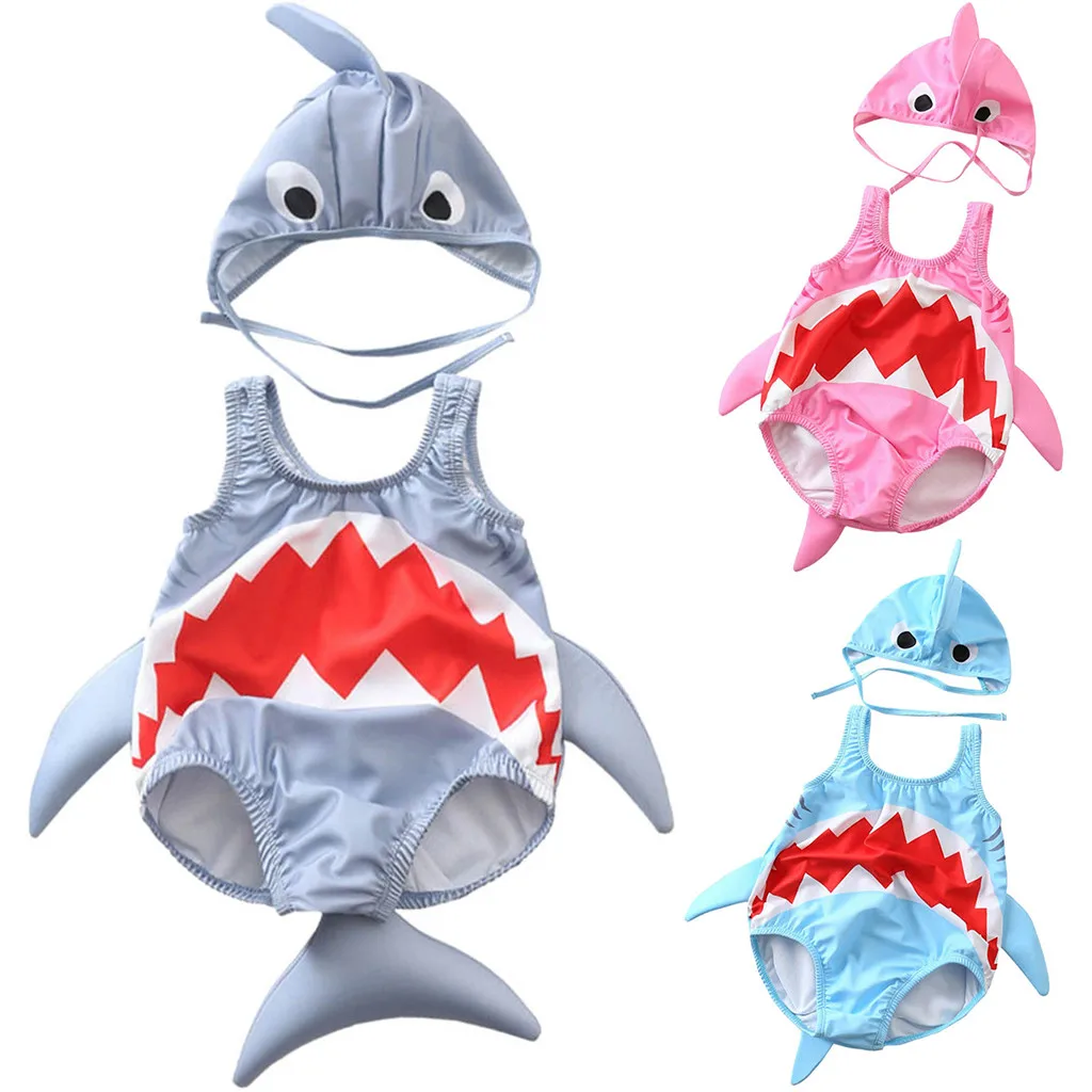 Babys Summer Clothes Swimsuits Toddler Kids Baby Girls Boys Cartoon Shark Swimsuit Bikini Swimwear Romper Hat Bathing Suit