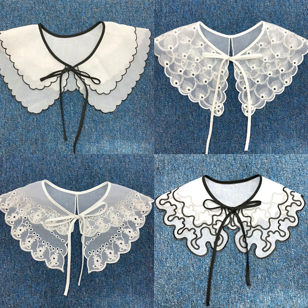 Women Girls Chiffon Lace Fake False Collar Decorative Double Layer Ruffles Embroidery Choker Blouse Shawl Bowtie