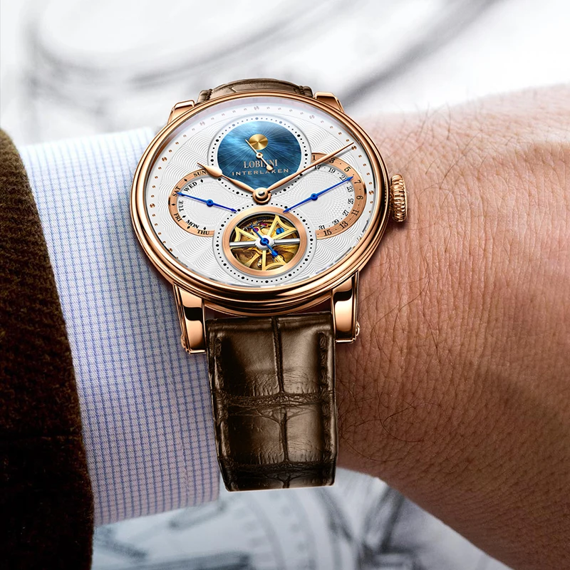 Relógio de pulso Sapphire couro masculino, relógios designer esqueleto, Mechan, automático, Gaivota, marca de luxo, Suíça