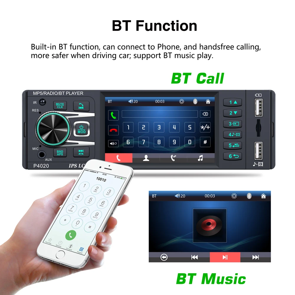 Car Radio 1DIN MP5 player AUX Dual USB Not Touch Screen SD Card Bluetooth 7 Color Button Rear Microphone IPS 3.8 Inch U Disk