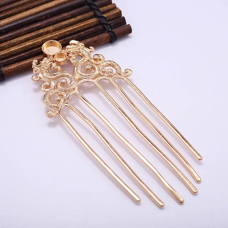 2pcs Brass Casted Comb Double Dragon Hair Combs 6 Teeth 6mm 10mm Cameo Cabochons Base Quality Hair Styling Jewelry Accessories