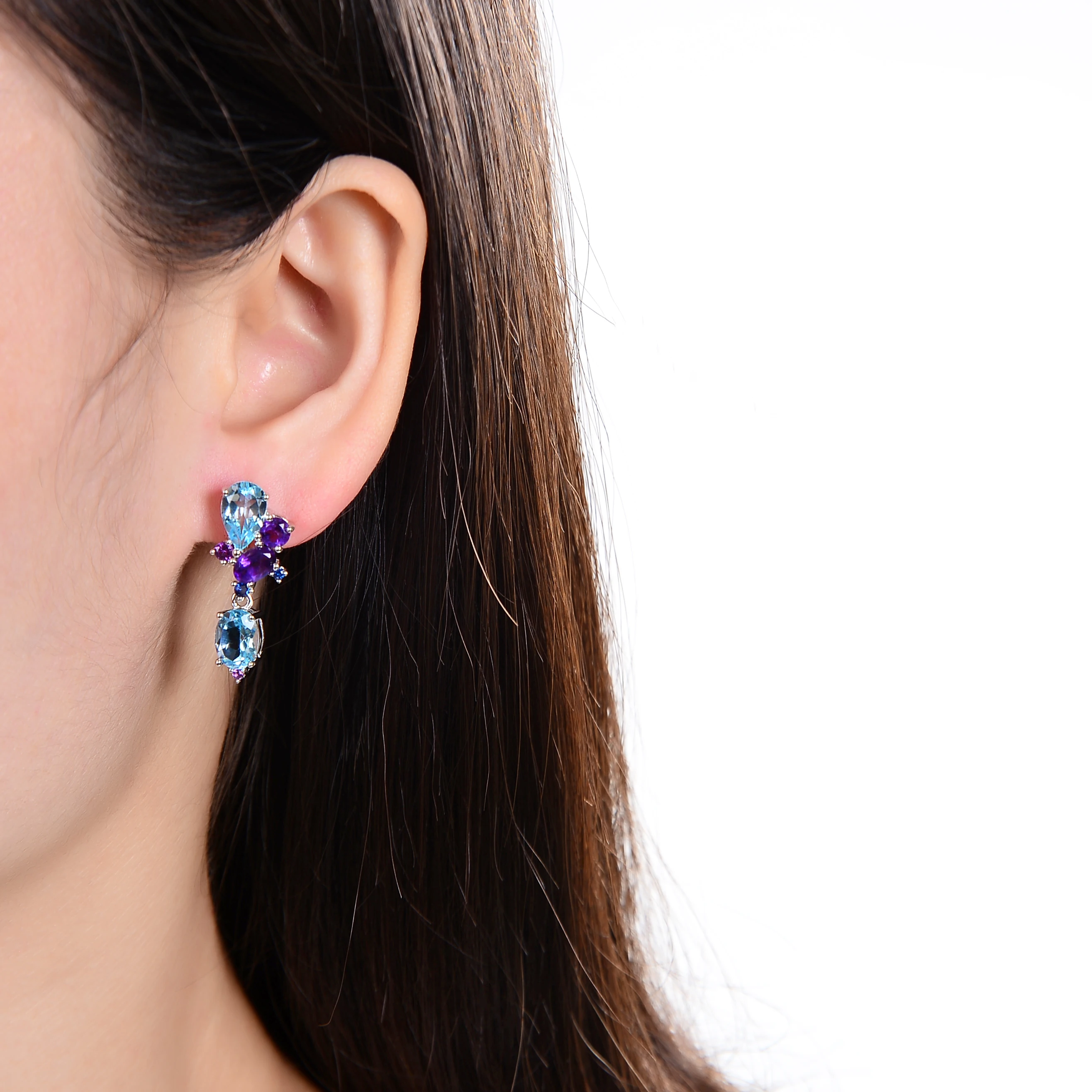 GEM\'S BALLET 925 Sterling Silver Colorful Modern Irregular Earrings Natural Blue Topaz Amethyst Stud Earrings for Women Bijoux