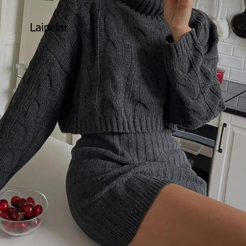 

Autumn Winter Elastic Waist Pullover and Mini Skirt Set Elegant Turtleneck Suit Warm Slim Fabric 2 Piece