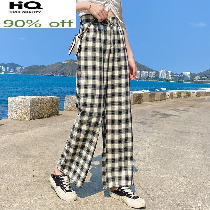 

Cotton Pants for Women Summer Trousers Wide Leg Pants Women Korean Style High Waist Pants Plaid Pantalon Femme 8809# Pph592