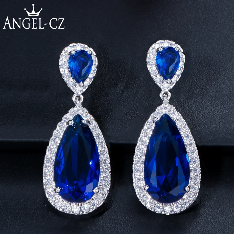 

ANEGLCZ Luxury Royal Blue Stone Earring Water Drop Cubic Zirconia Bridal Long Earrings For Women Wedding Party Jewelry AE011