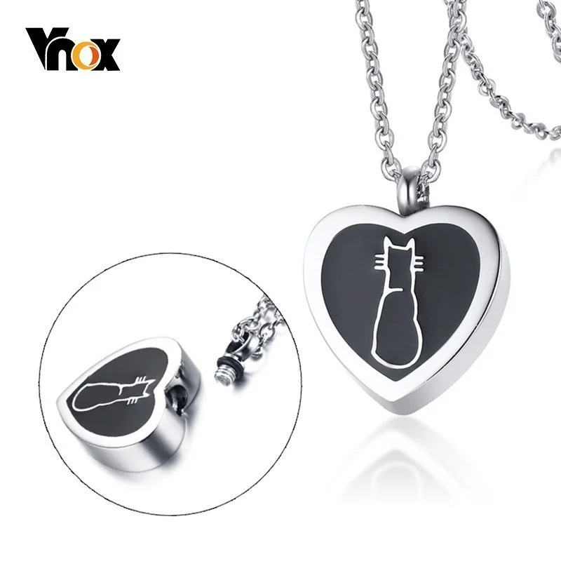 Vnox Cute Cat Openable Heart Pendant for Women Men Necklace Stainless Steel Urn Memorial Pet Cremation Ashes Keepsake Jewelry