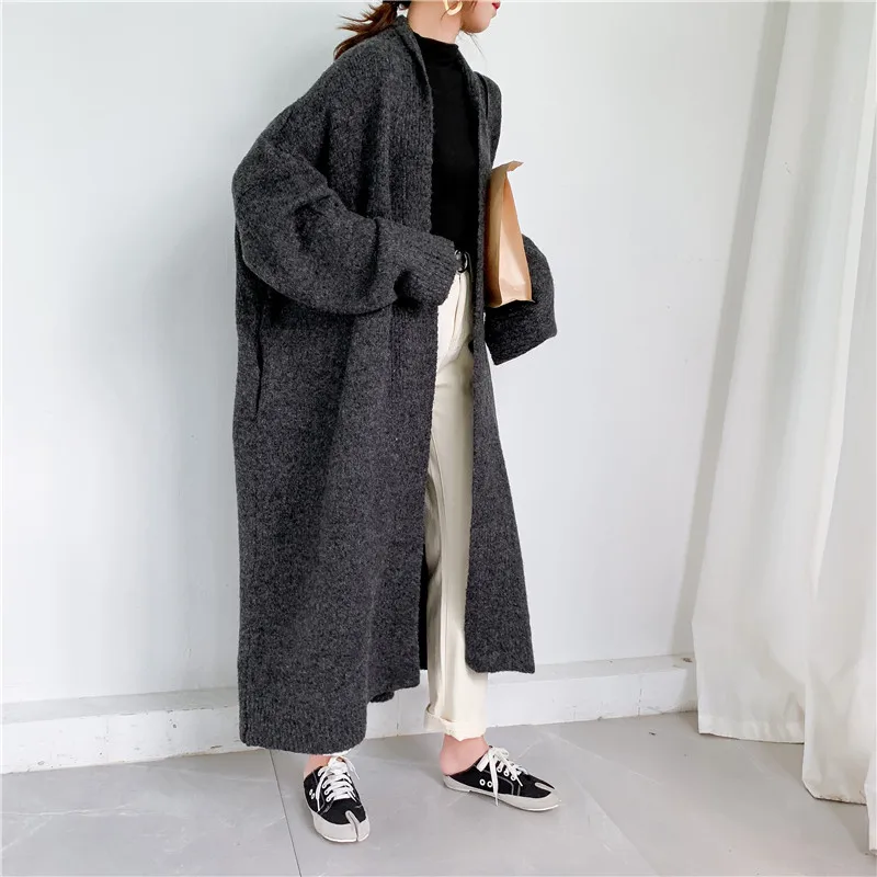 [ZAYAU]Autumn and Winter Relaxed Lazy Wind Long over Knee Thick Line Alpaca Cashmere Knitted Cardigan Thickened Large Size Coat