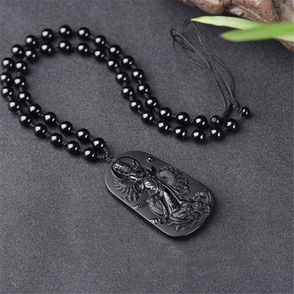 Beautiful Natural Black obsidian Carved Chinese Dragon GuanYin Amulet Lucky Pendant + Rope Necklace Fine Jewelry