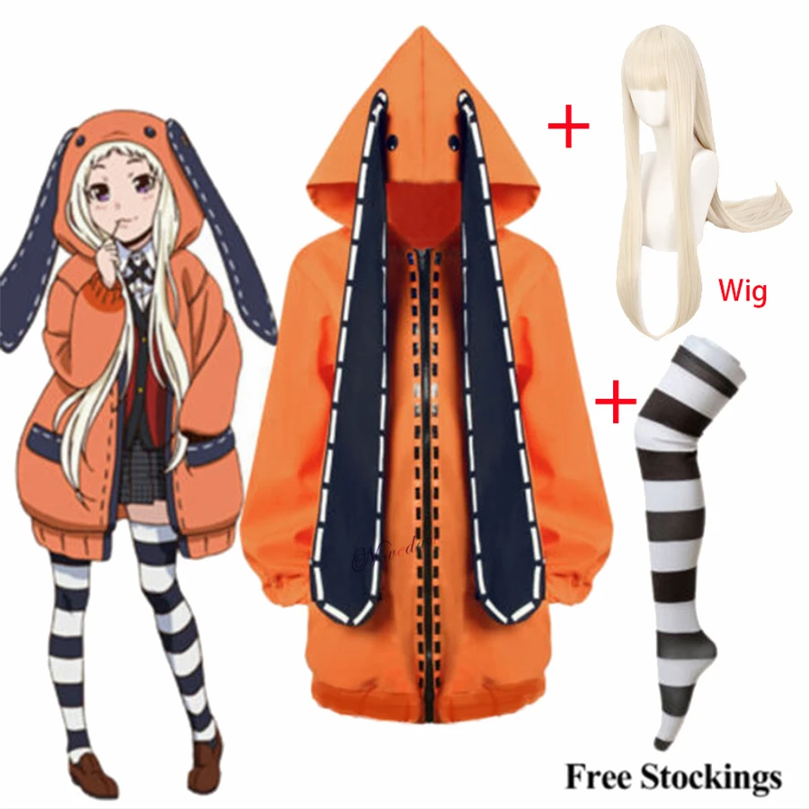 Anime Kakegurui Cosplay Rune Yomozuki Trang Phục Hóa Trang Cho Bé Gái Nữ Runa Cam Hoodie Zip Phối Tóc Giả Tất Full Nguyên Bộ