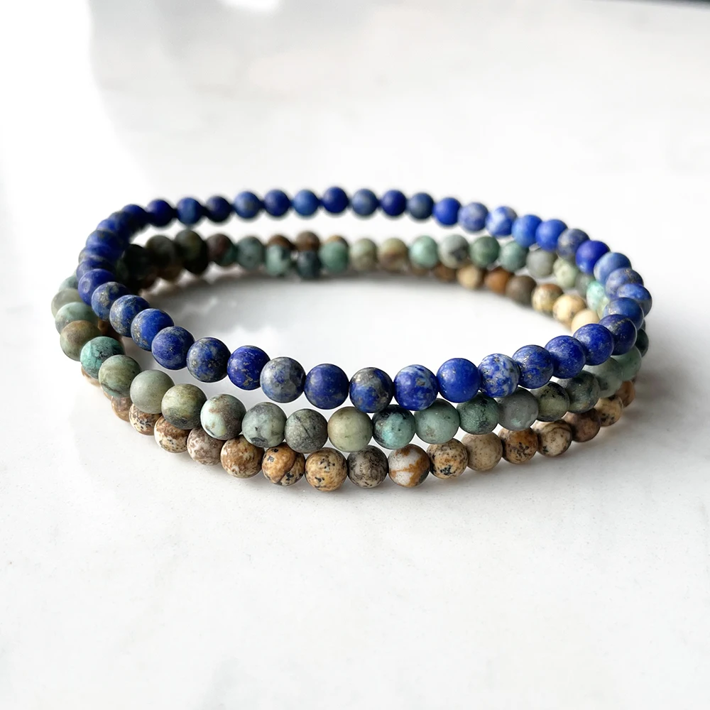 MG0158 Wholesale Natural 4 MM Matte Lapis Lazuli African Turquoise Picture Jasper Bracelet Set Womens Mini Gemstone Yoga Jewelry