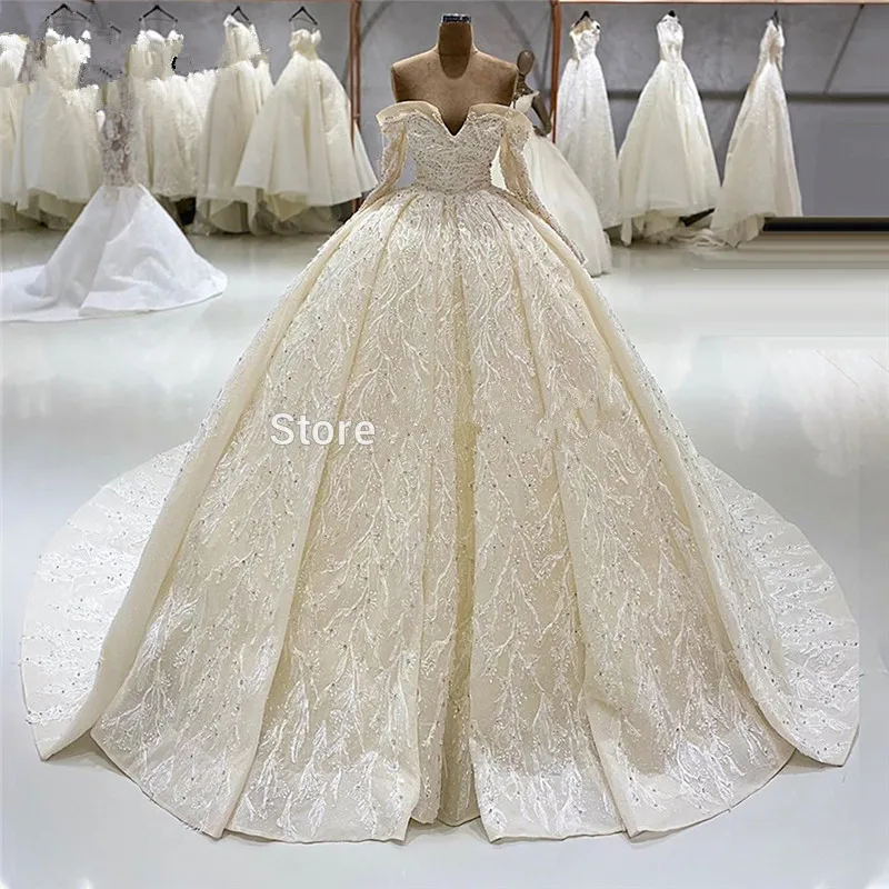 Luxury Ball Gown Wedding Dresses Newest Long Sleeves Strapless Bridal Gowns Puffy Bridal Gown Vestido De Novia Customized