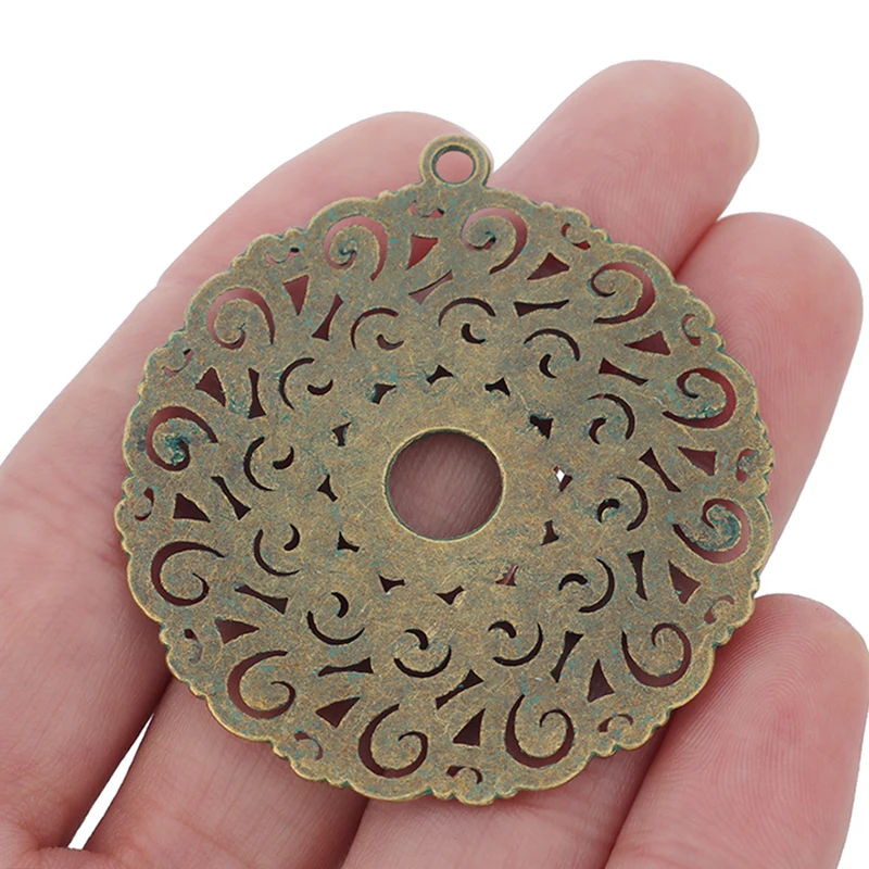 ZXZ 5pcs Verdigris Patina Green Large Hollow Open Filigree Flower Round Circle Charms Pendants for Jewelry Making Findings