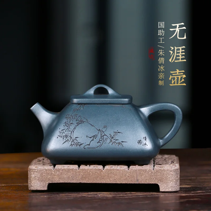 

★Zisha teapot Yixing teapot hand carved small capacity household kungfu tea set single pot dark green mud square pot