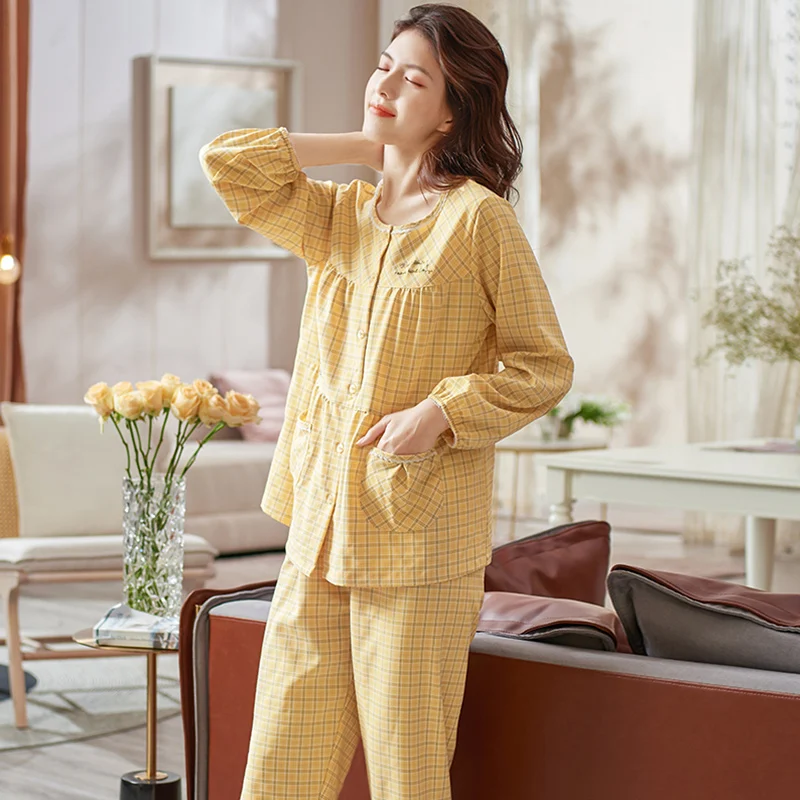 Plaid print cardigan pyjamas women full woven cotton long sleeves ladies pajama sets soft comfortable sleepwear women homewear