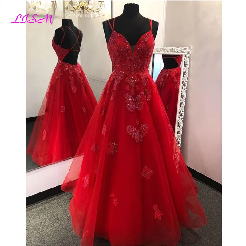 Red Tulle Prom Dresses vestidos de gala Sweetheart Straps Evening Dress Long Appliques Lace Backless Formal Party Gowns