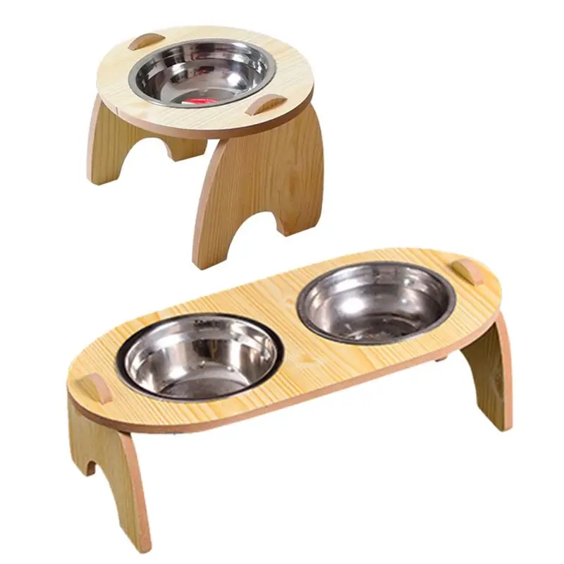 Raised Cat Food Water Bowl Wood Frame Slanted Pet Feeding Stainless Steel Food Dispenser Tilt Angle Protect Cat's Spine Dropship