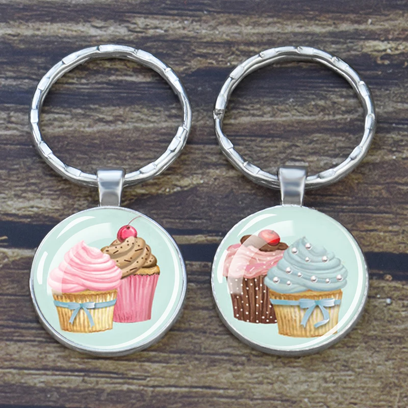 Delicious Cake Key Keychain Glass Dome Key Ring Cute Dessert Pattern Pendant Handmade Cupcake Art Jewelry Gift