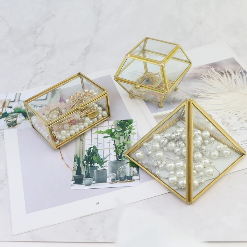 Retro Rectangle Transparent Golden Glass Ring Box Wedding Geometric Jewelry Organizer Home Decorative Box for Storage Trinket