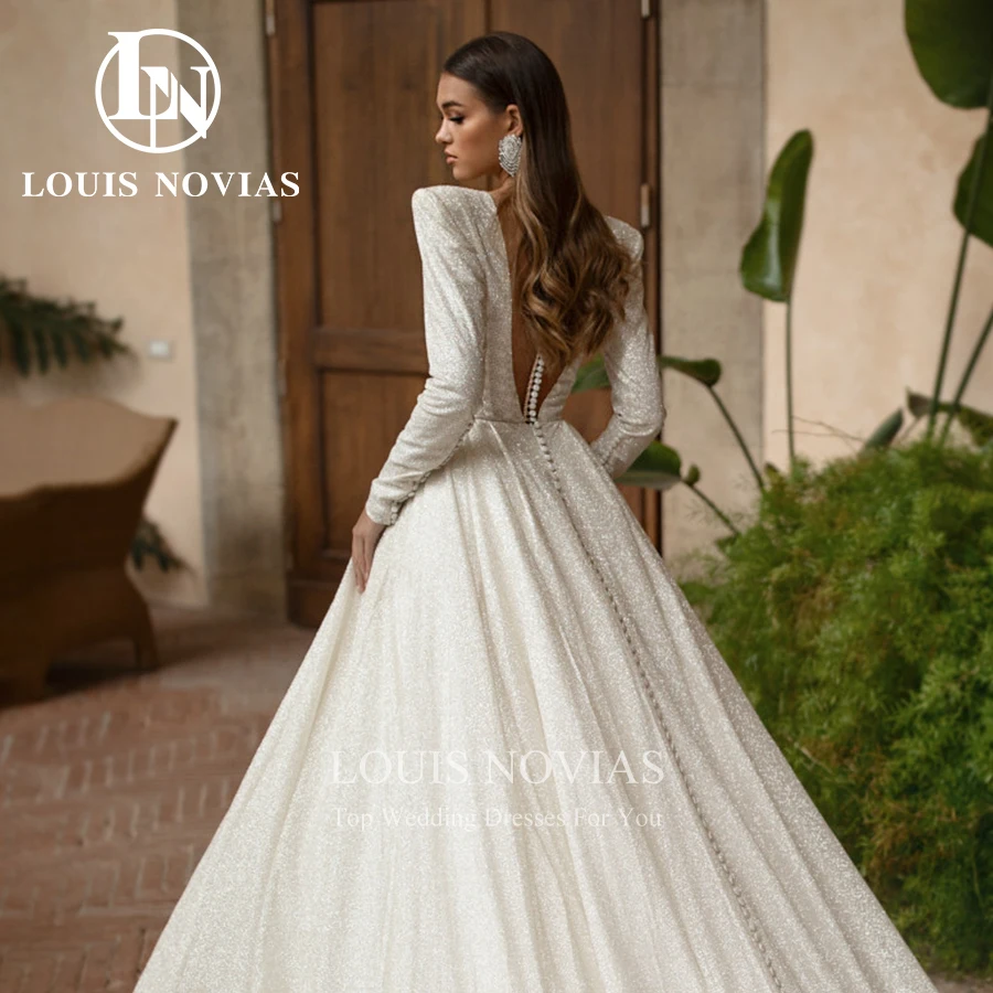 LOUIS NOVIAS Long Sleeve Wedding Dresses For Women Deep V-Neckline Sparkling Bridal Gown A-Line Bride Dresses Vestido De Novia