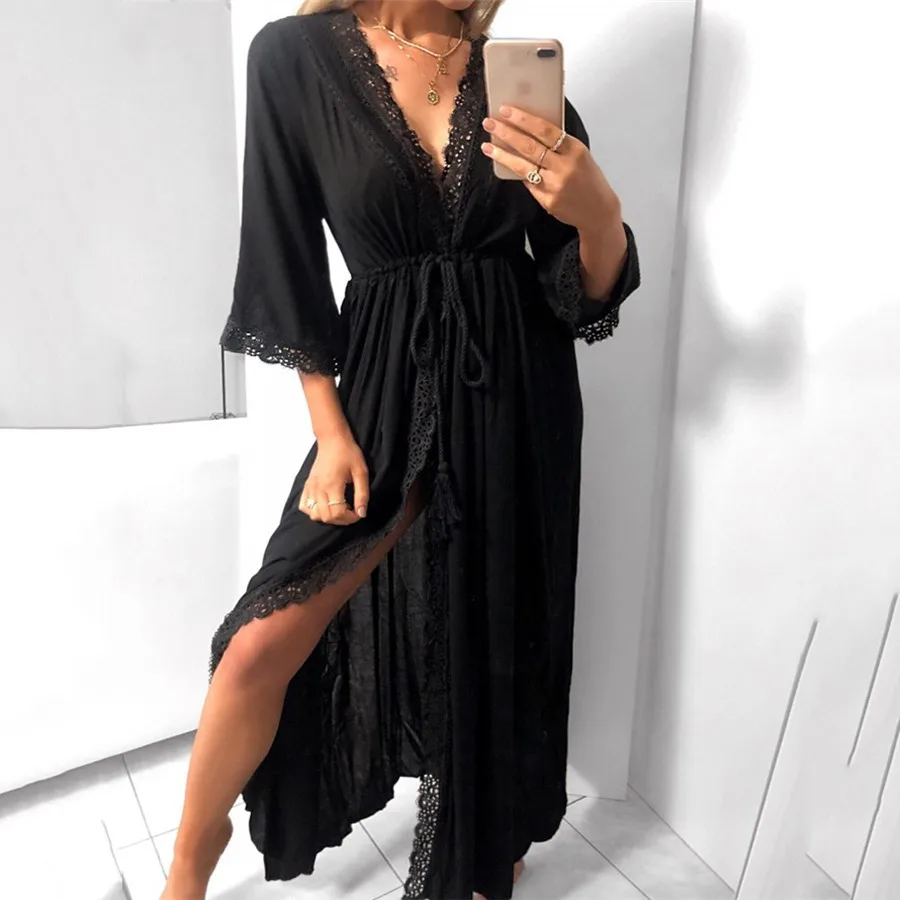 Womens Long Robe Beach Cardigan Dress Soft Sexy Hollow Out Lace Tie Up Waist Slim Fit Casual Loose Summer Dress Maxi Female