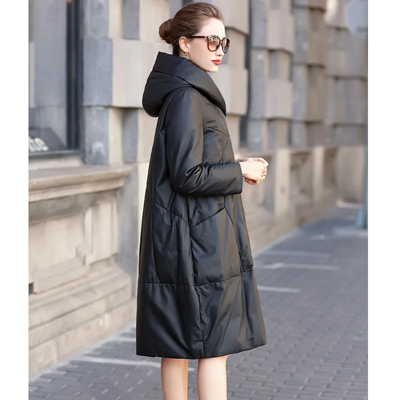 Jaqueta de couro solta feminina, casaco de pele de carneiro com capuz, casaco casual, comprimento médio, casaco de couro genuíno, outono, inverno