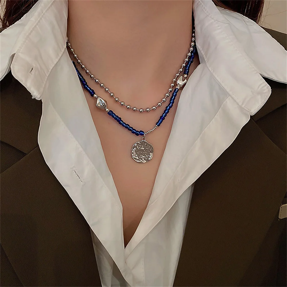 South Korea irregular round brand double layer necklace design splicing clavicle chain personality sweater sweater accessories