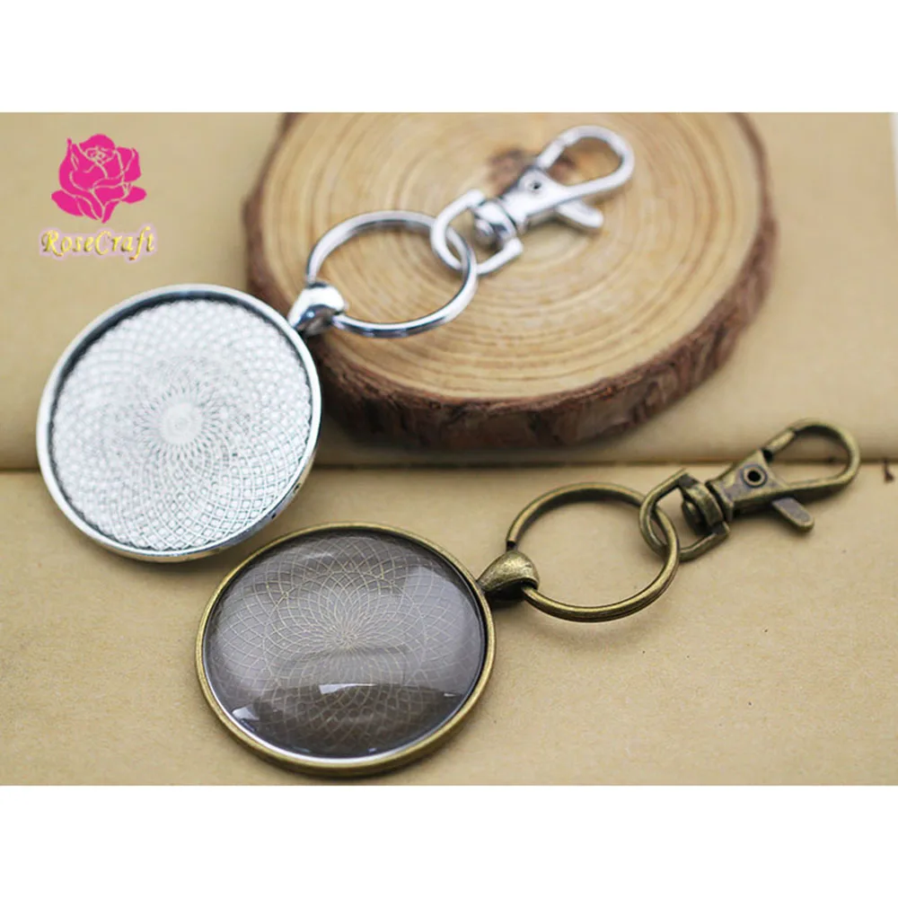 

10pcs/lot Key Chain Keyring Pendant Tray Setting 40mm Cabochons Blank+25mm Key Split Ring+40mm Clear Glass Cameo+Lobster Clasps