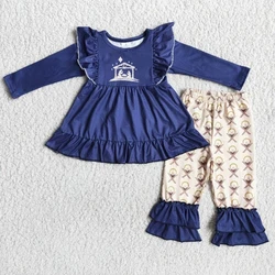 Wholesale Toddler Christmas Children Outfit Baby Girl Fashion Boutique Clothing Navy Blue Jesus Ruffle Pants Infant Kids Clothes