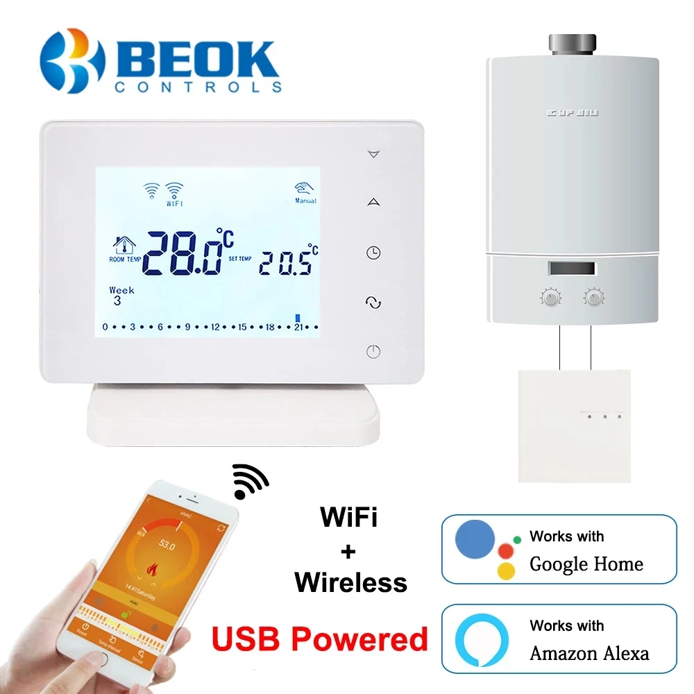 Beok Wireless RF Wifi Smart Thermostat for Gas Boiler Temperature Controller USB Powered Works with Google Home Alexa