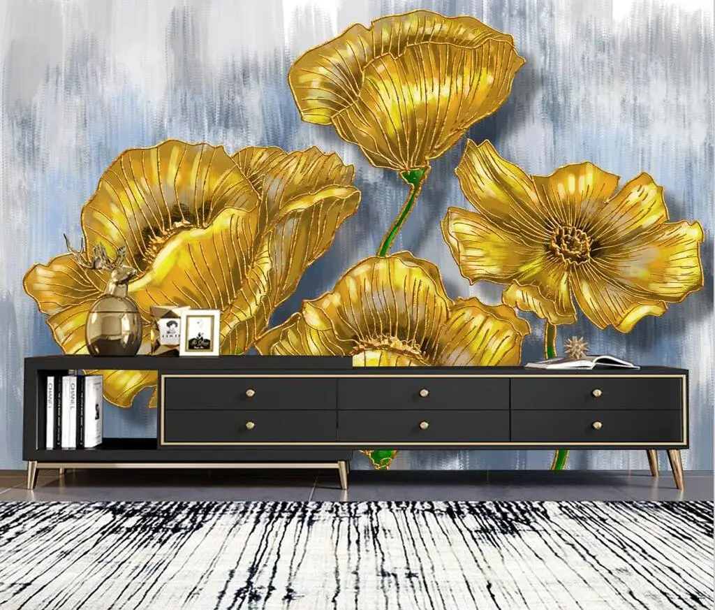 

Nordic modern hand-painted gold line abstract golden flower papel tapiz custom size mural home decoration 3d wallpaper