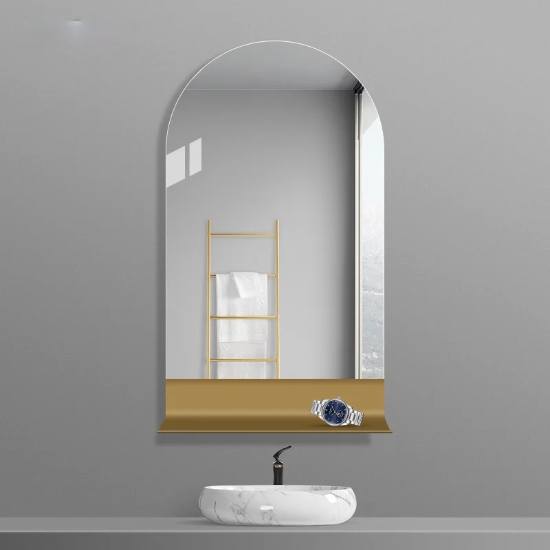 Light Luxury Arch-Shaped Bathroom Mirror Wall-Mounted Toilet Wash Basin Dressing Mirror with Shelf Decorative Cosmetic Mirror