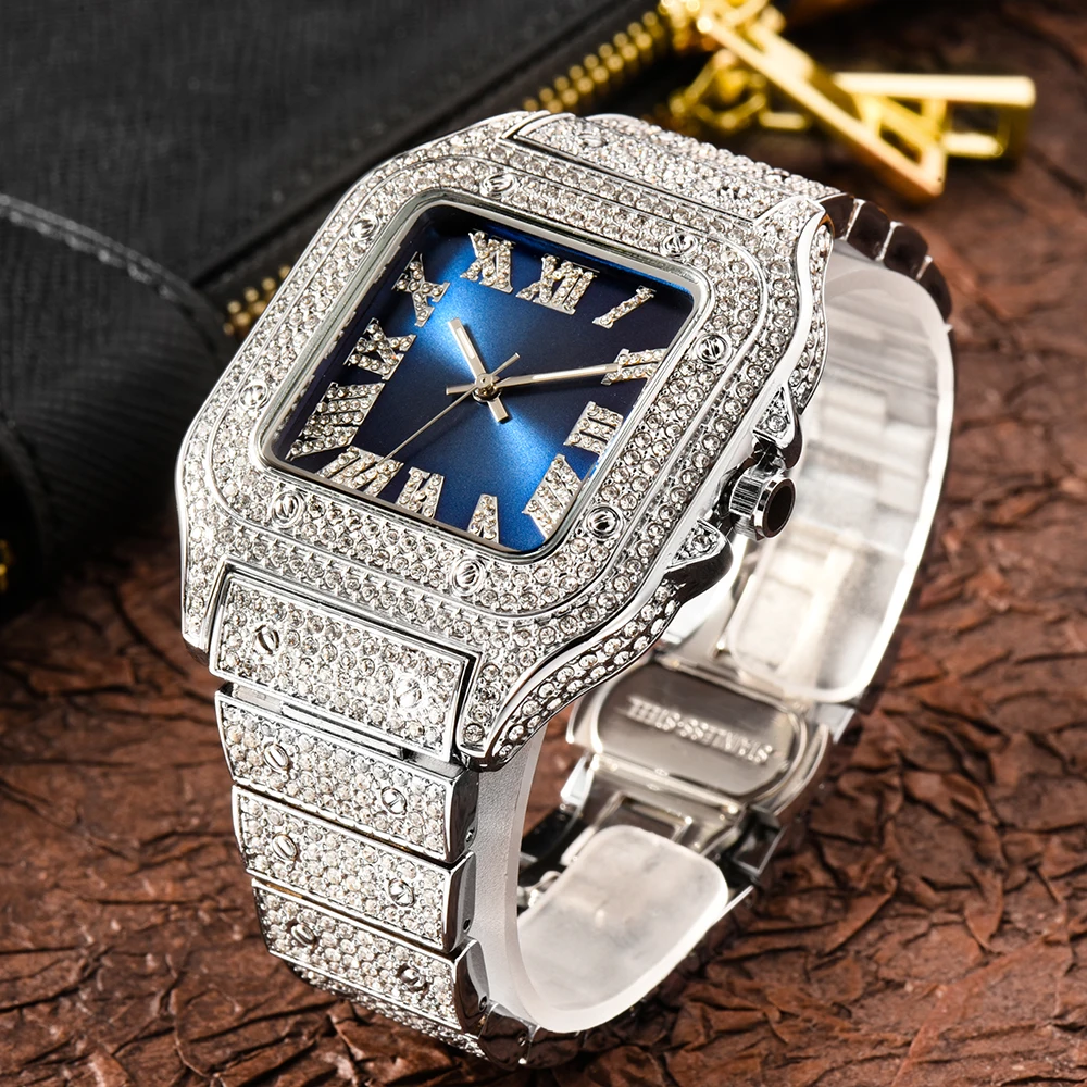 MISSFOX Mens Watches Hip Hop Baguette Diamond Top Brand Luxury AAA Quartz Male Wrist Watch Man Bust Down Jewelry