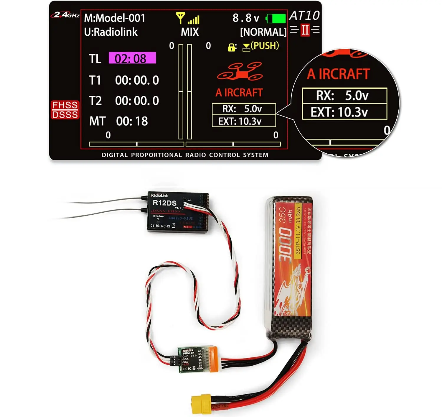 Radiolink AT10II 2.4Ghz 12 Channel RC Transmitter and Receiver R12DS AT10 II PRM-01 Voltage Return for RC Drone Airplane Quad