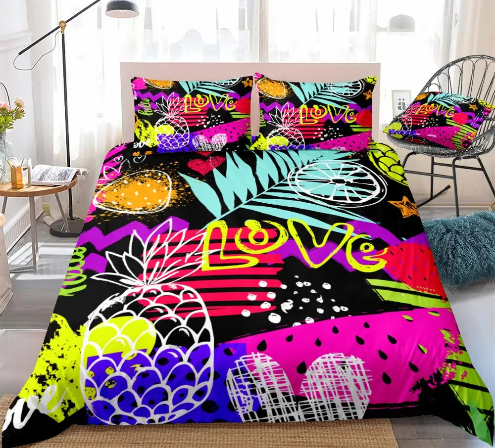 

3 Pieces Fruits Duvet Cover Set Colorful Fruits Bed Set Black Bedding Pineapple Quilt Cover Queen Home Textiles Teens Dropship