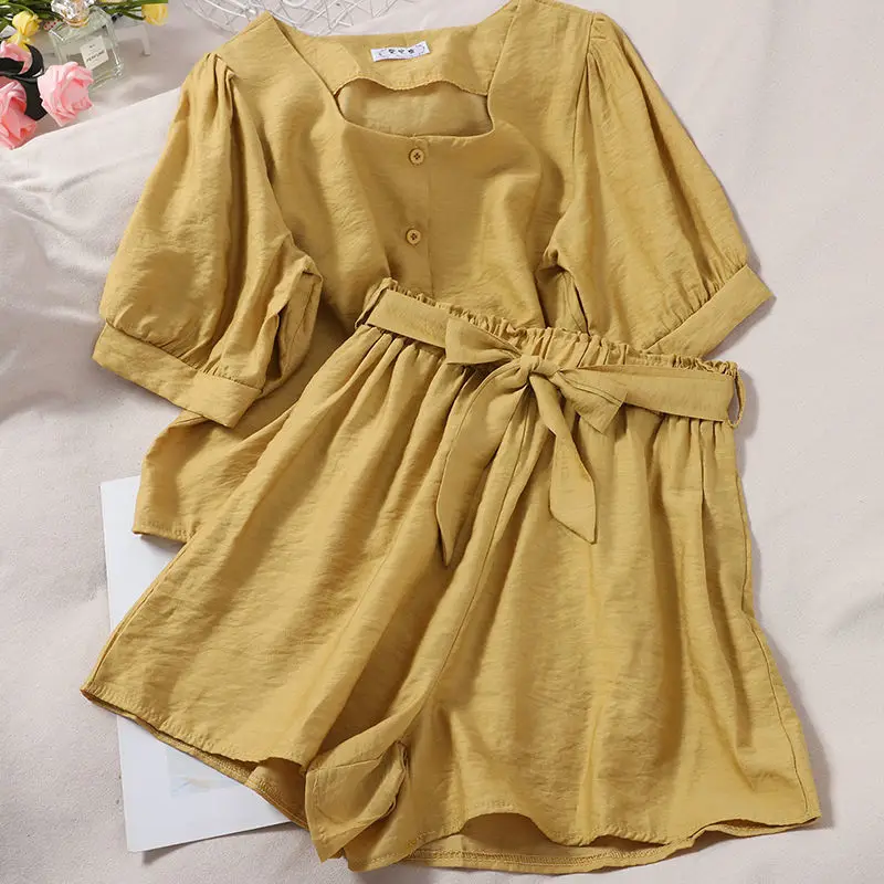 Thin short shorts suit women's summer new Korean style square collar puffy sleeve top high waist wide leg shorts two-piece suit