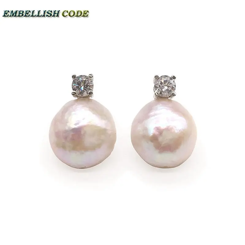 12mm Nearround White Edison Pearls Semicircle Rough Face And Shine Stud Earring Simple With Kernel Freshwater Mabe New Kind Pear