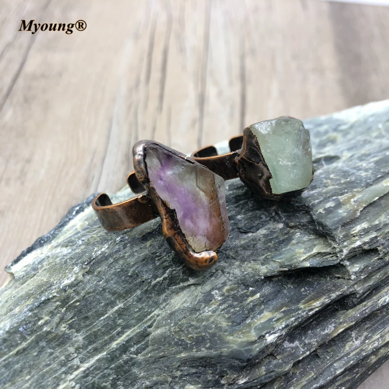 10PCS Raw Fluorite Stone Rings, Fashion Vintage Natural Crystal Quartz Adjustable Band Bohemian  Jewelry MY210405