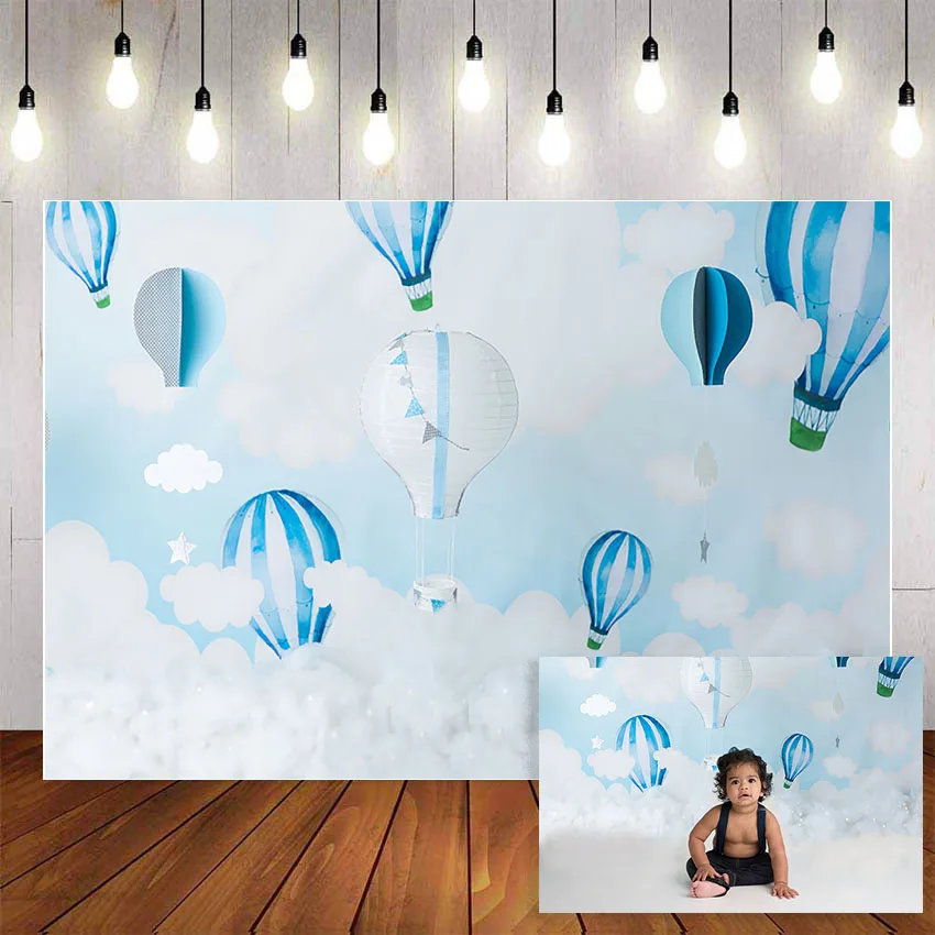 Mehofond Photography Background Hot Air Balloon Blue Sky And White Clouds Birthday Party Child Backdrop Photocall Photo Studio